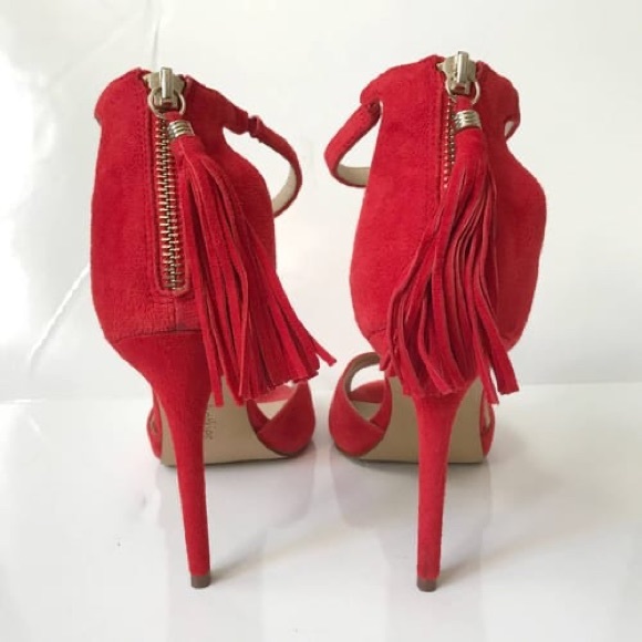 Botkier Anna Stiletto Poppy Red High Heels with Ankle Strap and Tassel